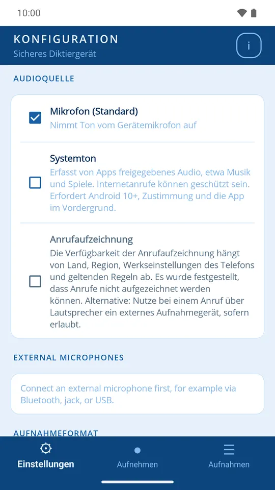 Einstellungen der Audioquellen: Mikrofon, Systemaudio und externe Mikrofone