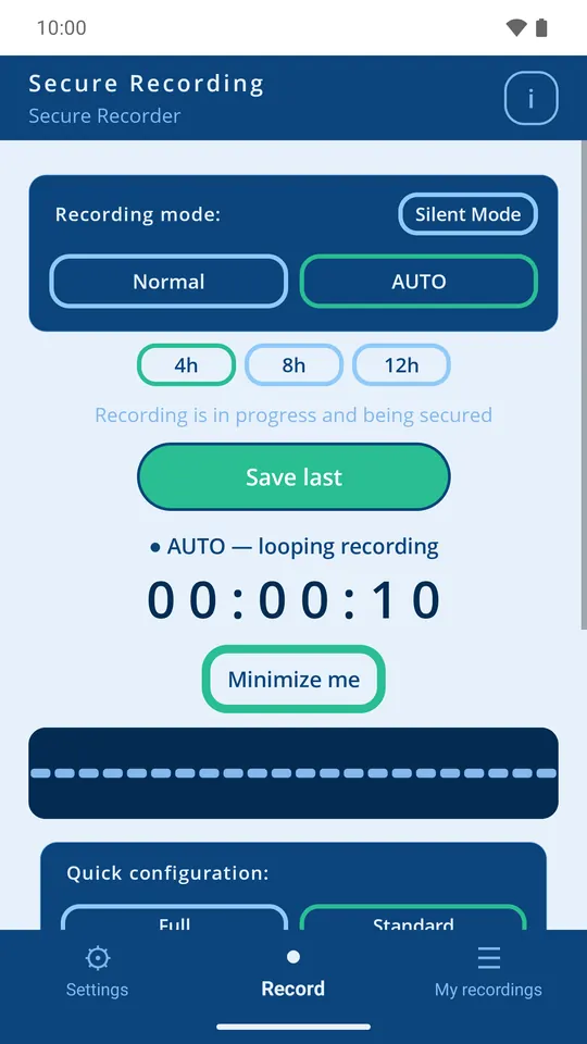 Secure Recorder AUTO mode recording with a rolling buffer and the Save last button