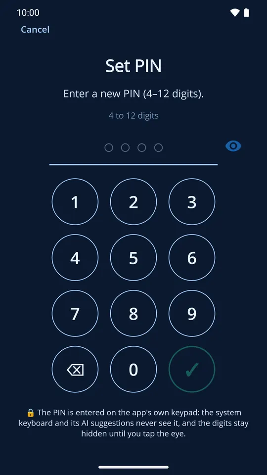 PIN setup with the in-app keypad in dark theme