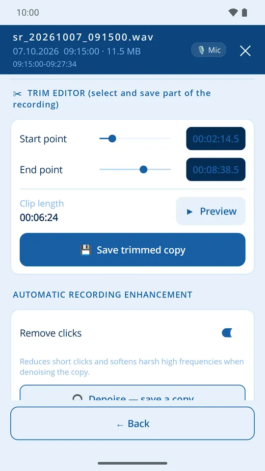 Trim editor with start and end sliders