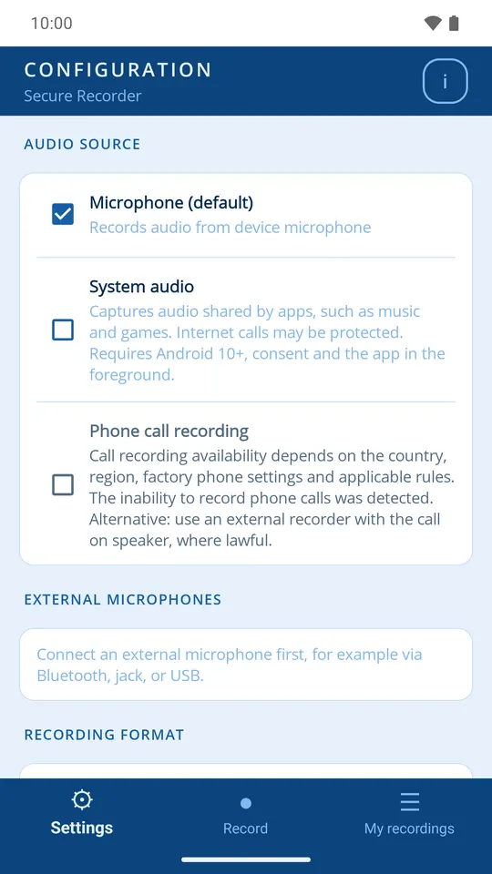 Audio source settings: microphone, system audio and external microphones