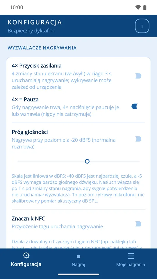 Ustawienia wyzwalaczy: przycisk zasilania, poziom dźwięku, NFC i frazy głosowe