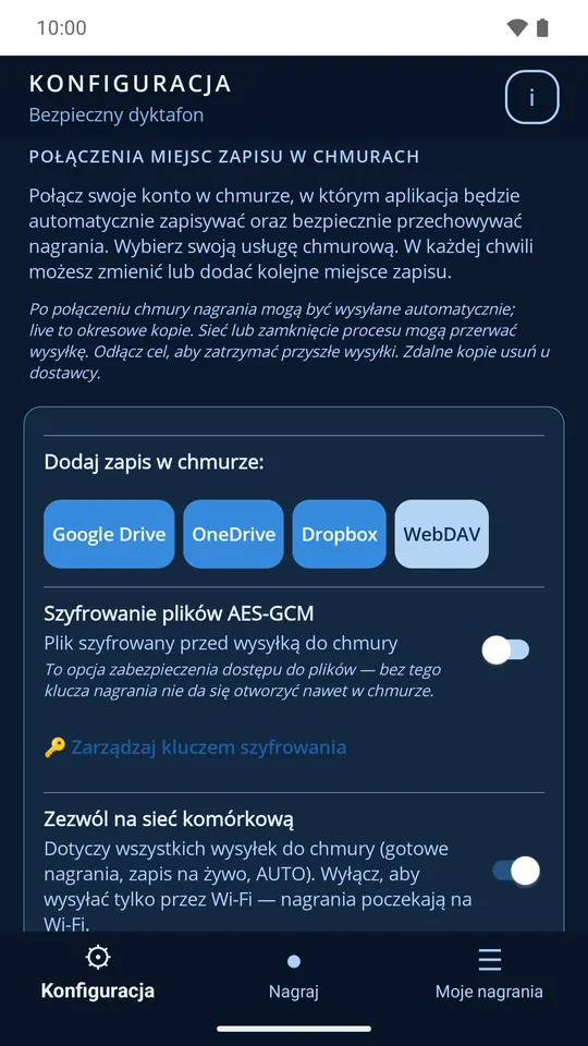 Ustawienia chmury: Google Drive, OneDrive, Dropbox, WebDAV i szyfrowanie przed wysyłką