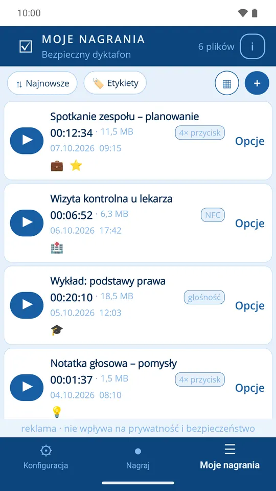 Lista nagrań z nazwami, czasem, rozmiarem, wyzwalaczem i etykietami