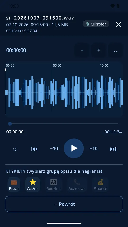 Odtwarzacz z powiększanym wykresem dźwięku w ciemnym motywie