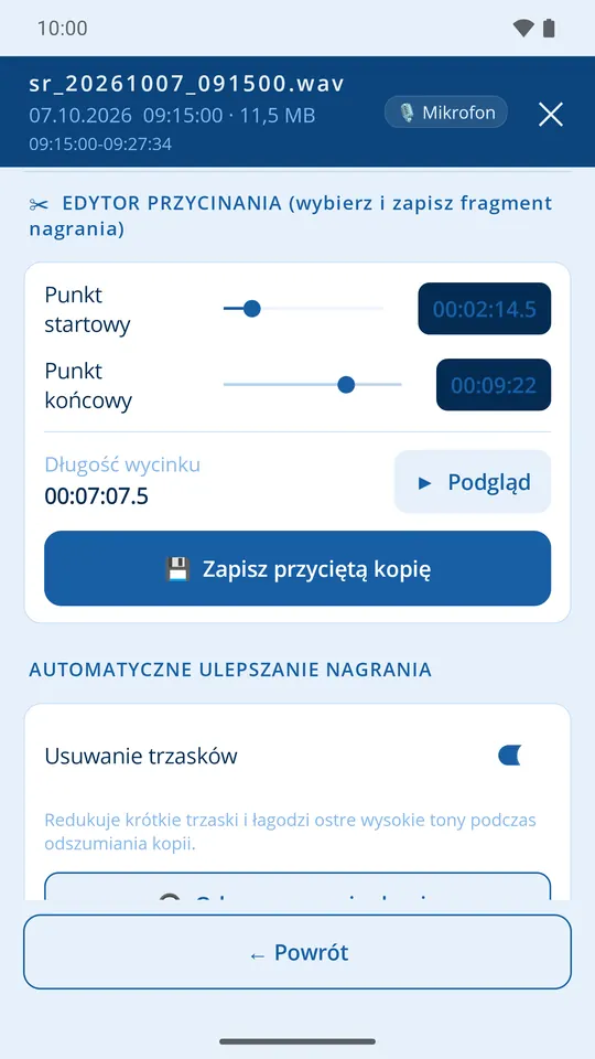 Edytor przycinania z suwakami początku i końca